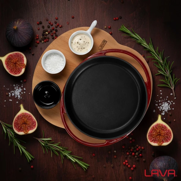 Lava Döküm Yuvarlak Sahan Döküm Demir Yekpare Çift Kulplu Kayın Servis Ahşabı Çap(Ø)20cm. (Sos kapları dahil değildir.)-Bordo - Resim 7