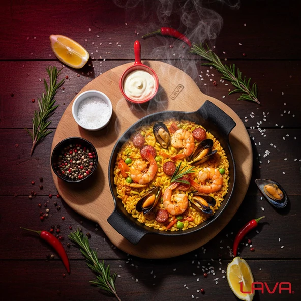 Lava Döküm Yuvarlak Sahan Döküm Demir Yekpare Çift Kulplu Kayın Servis Ahşabı. Çap(Ø)18cm. (Sos kapları dahil değildir.)-Bordo - Resim 7