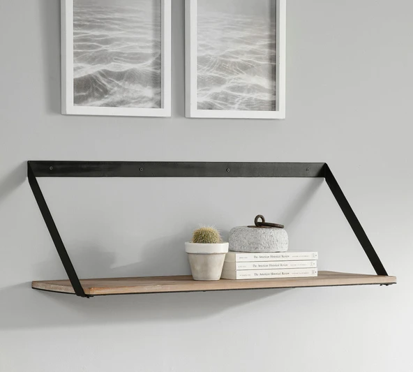 Metal Ayaklı 3'lü Duvar Rafı - Demir Ayaklı Doğal Ahşap Duvar Kitaplığı 20x35x50 cm - 6