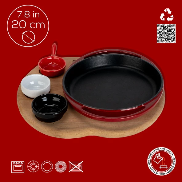 Lava Döküm Yuvarlak Sahan Döküm Demir Yekpare Çift Kulplu Kayın Servis Ahşabı Çap(Ø)20cm. (Sos kapları dahil değildir.)-Bordo - Resim 4