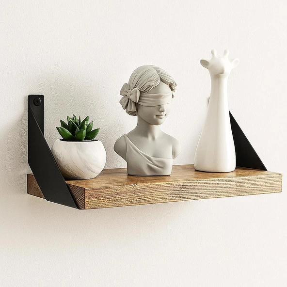 Metal Ayaklı Duvar Rafı - Demir Ayaklı Doğal Ahşap Duvar Kitaplığı 60 cm - 3