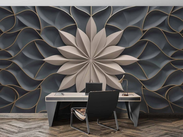 3 Boyutlu Beyaz Çiçek, Kabartma Siyah Duvar Kağıdı - Resim 4