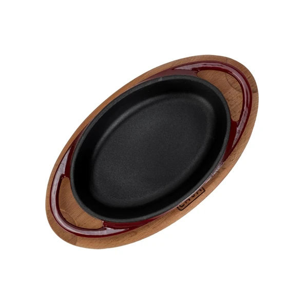Lava Döküm Oval Sahan Döküm Demir Yekpare Çift Kulplu Kayın Servis Ahşabı Ölçü 15x10cm.-Bordo - Resim 3
