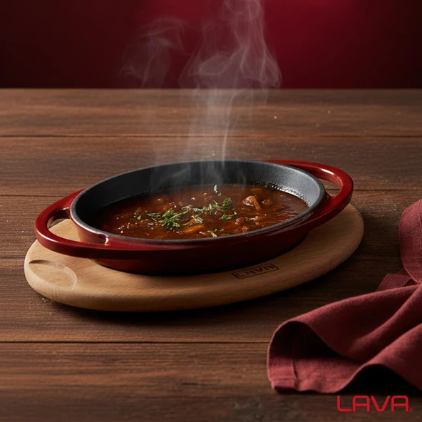 Lava Döküm Oval Sahan Döküm Demir Yekpare Çift Kulplu Kayın Servis Ahşabı Ölçü 15x10cm.-Bordo - Resim 7