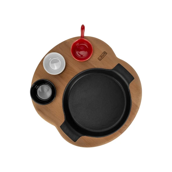 Lava Döküm Yuvarlak Sahan Döküm Demir Yekpare Çift Kulplu Kayın Servis Ahşabı. Çap(Ø)18cm. (Sos kapları dahil değildir.)-Bordo - Resim 3