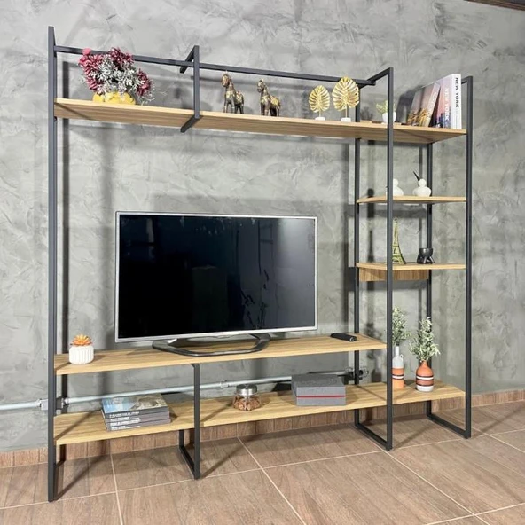 Metal Tv Ünitesi, Tv Sehpası, Duvar Ünitesi Atlantik Çam Metal Ayaklı Siyah 200x34x185 - 5