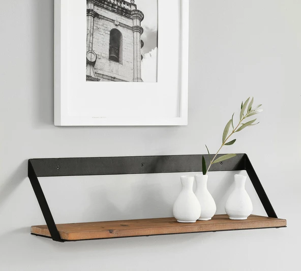 Metal Ayaklı 3'lü Duvar Rafı - Demir Ayaklı Doğal Ahşap Duvar Kitaplığı 20x35x50 cm - 2