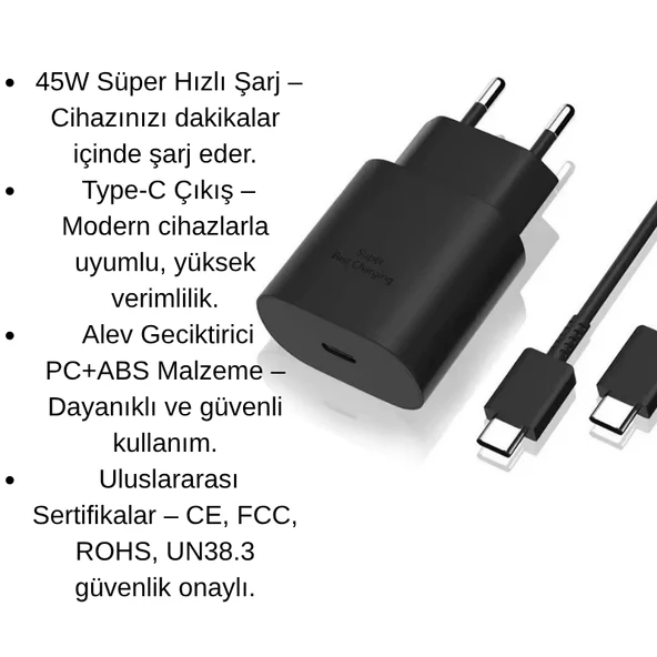 45W Süper Hızlı Şarj Adaptörü Type-C Çıkışlı, Güvenli ve Dayanıklı Şarj Cihazı