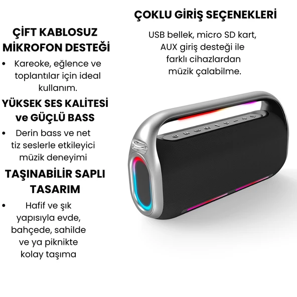 RGB Işıklı Kablosuz Bluetooth Hoparlör 18.000 mAh Batarya, Çift Mikrofonlu Karaoke Speaker, Güçlü Bass, Taşınabilir Party Speaker - 7