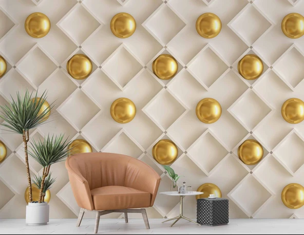 3 Boyutlu Altın Küre Beyaz Kare Desen Duvar Kağıdı Baskı - Resim 6