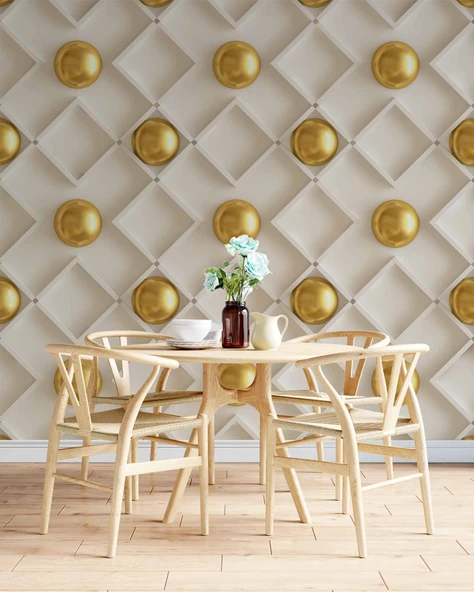 3 Boyutlu Altın Küre Beyaz Kare Desen Duvar Kağıdı Baskı - Resim 5