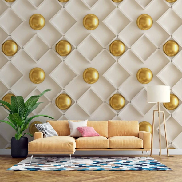 3 Boyutlu Altın Küre Beyaz Kare Desen Duvar Kağıdı Baskı ürün görseli