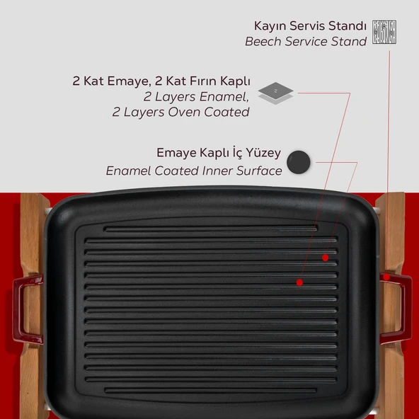 Lava Döküm Dikdörtgen Izgara Tepsi Kayın Servis Ahşabı Döküm Demir Yekpare Çift Kulplu Ölçü 31x42cm. - Resim 6