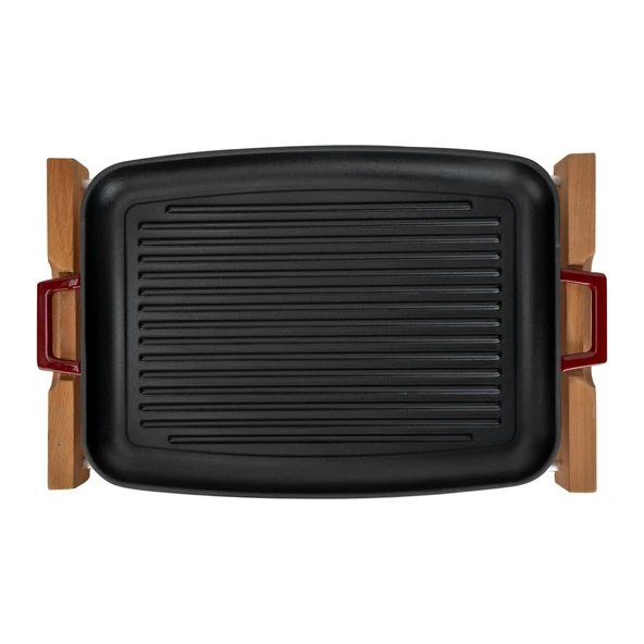 Lava Döküm Dikdörtgen Izgara Tepsi Kayın Servis Ahşabı Döküm Demir Yekpare Çift Kulplu Ölçü 31x42cm. - Resim 3