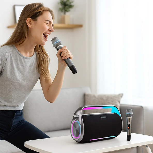 RGB Işıklı Kablosuz Bluetooth Hoparlör 18.000 mAh Batarya, Çift Mikrofonlu Karaoke Speaker, Güçlü Bass, Taşınabilir Party Speaker - 6