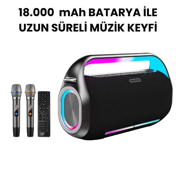 RGB Işıklı Kablosuz Bluetooth Hoparlör 18.000 mAh Batarya, Çift Mikrofonlu Karaoke Speaker, Güçlü Bass, Taşınabilir Party Speaker - 5