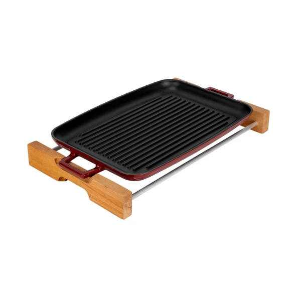 Lava Döküm Dikdörtgen Izgara Tepsi Kayın Servis Ahşabı Döküm Demir Yekpare Çift Kulplu Ölçü 31x42cm. - Resim 2