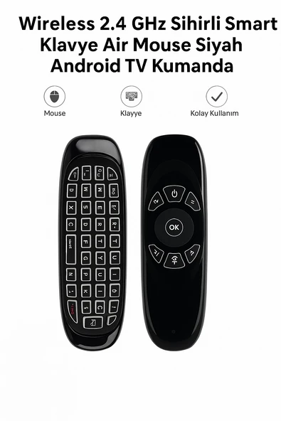 Wireless 2.4 GHz Sihirli Smart Klavye Air Mouse Siyah   Andorid TV Kumanda