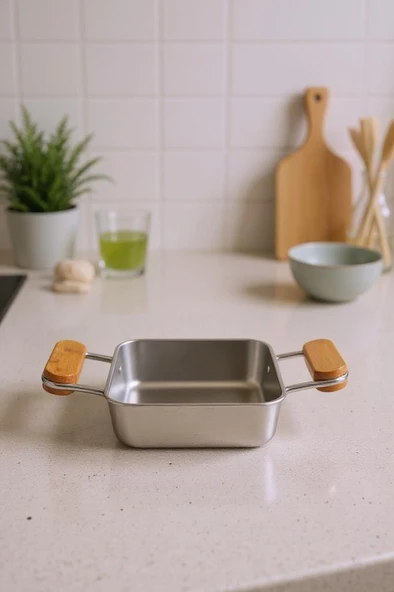 Bambum Cesta - Bambu Kulplu Çelik Sunum Tavası Kare Küçük ürün görseli