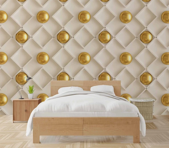 3 Boyutlu Altın Küre Beyaz Kare Desen Duvar Kağıdı Baskı - Resim 2
