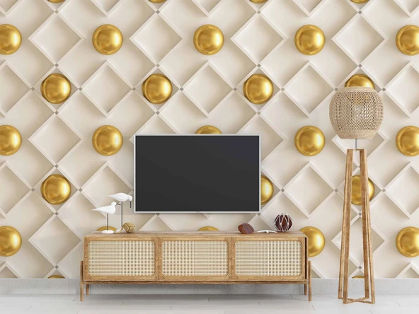 3 Boyutlu Altın Küre Beyaz Kare Desen Duvar Kağıdı Baskı - Resim 3