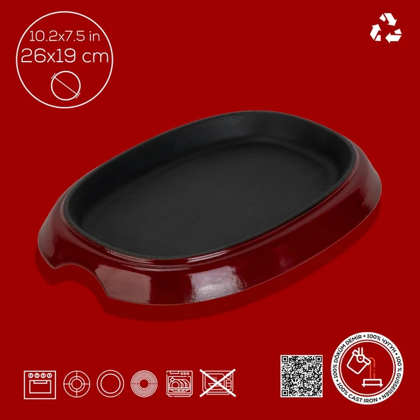 Lava Döküm Oval Fajita Tabağı Ölçü 26x19cm.-Bordo - 4