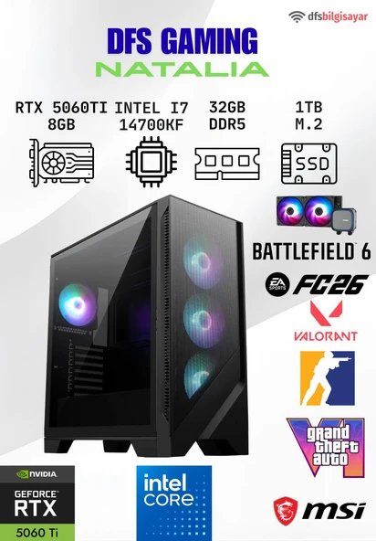 DFS GAMING NATALIA INTEL İ7 14700KF-B760M WİFİ-RTX 5060 TI 8GB-32GB DDR5 RAM-1TB M.2 SSD-OYUNCU BİLGİSAYARI ürün görseli