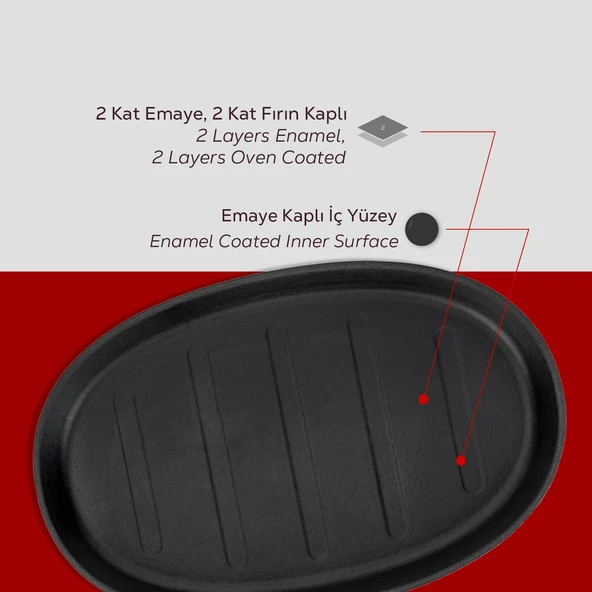 Lava Döküm Oval Fajita Tabağı Ölçü 18x28cm. (Harici tava tutucu dahil değildir.)-Bordo - 6