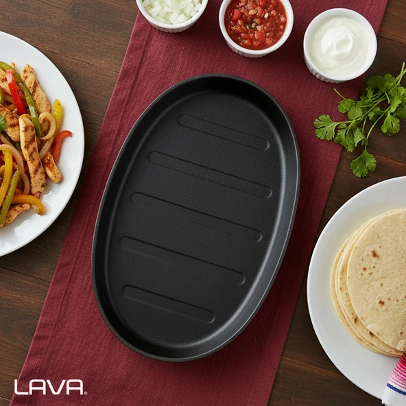 Lava Döküm Oval Fajita Tabağı Ölçü 18x28cm. (Harici tava tutucu dahil değildir.)-Bordo - 7