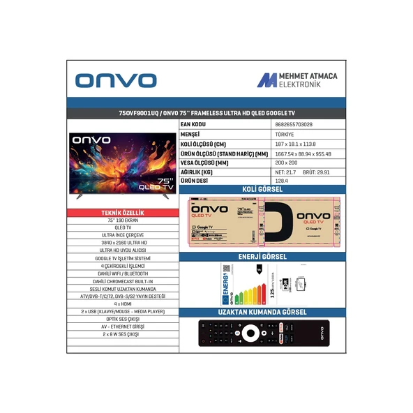 Onvo 75OVF9001UQ 75" 190 Ekran 4K Ultra HD Google Smart QLED TV - Resim 3