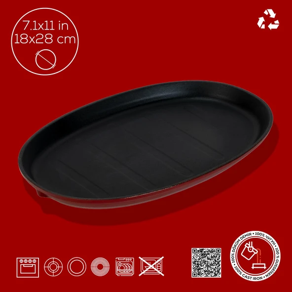 Lava Döküm Oval Fajita Tabağı Ölçü 18x28cm. (Harici tava tutucu dahil değildir.)-Bordo - 4