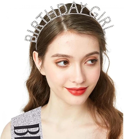 Gümüş Kristal Taşlı Birthday Girl Doğum Günü Tacı İthal Ürün A Kalite 17x16 Cm - Resim 2