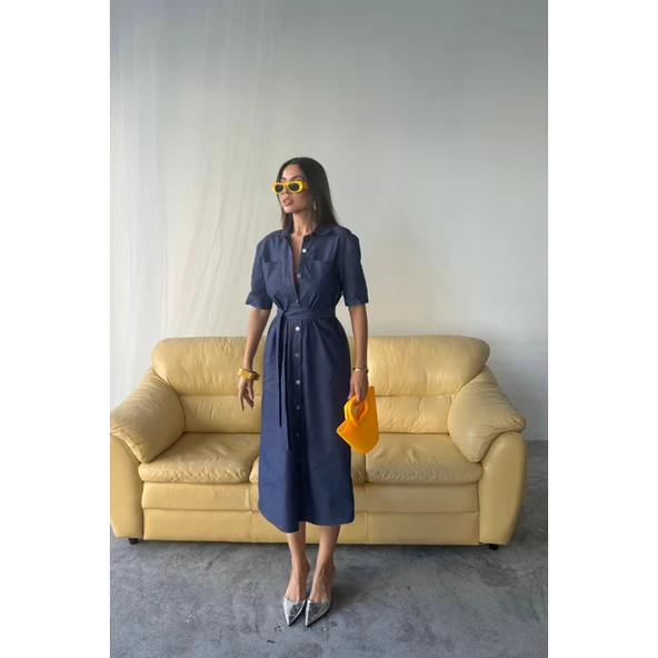 Lucky Life Kadın ÖNDEN DÜĞMELİ KISA KOL ELBİSE - Mavi - 2