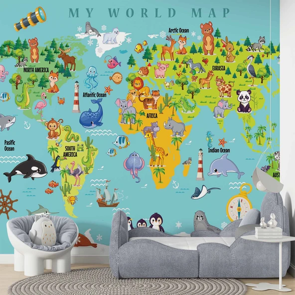 Çocuk Odası Hayvanlı Dünya Haritası Duvar Kağıdı ürün görseli