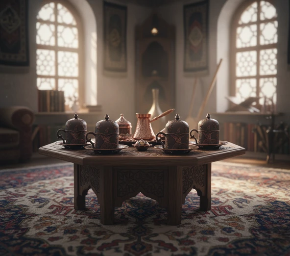 SENA Semazen 6 Kişilik Porselenli Kapaklı Bakır Renkli 24 Parça Fincan Seti