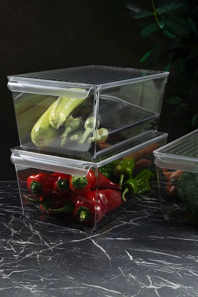 İronika Kapaklı Büyük Boy Buzdolabı Düzenleyici Meyve Sebze Saklama Kabı Organizer 7 Litre x 3 Adet - 3