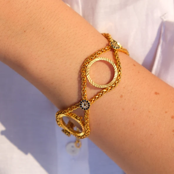 Altın Kaplama Nazar Boncuklu 3 Çeyrek Çerçeve Bileklik BLK-1149 - Resim 2