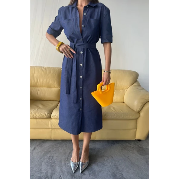 Lucky Life Kadın ÖNDEN  DÜĞMELİ KISA KOL ELBİSE - Mavi - 3