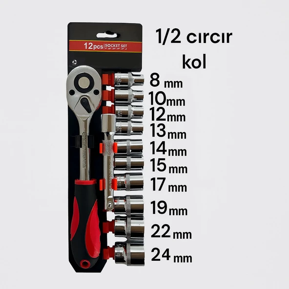 Lokma Takımı 1/2 12 Parça Profesyonel Kalite Çelik Malzeme Anahtar Seti Uzun Ömürlü Kullanım - Resim 3