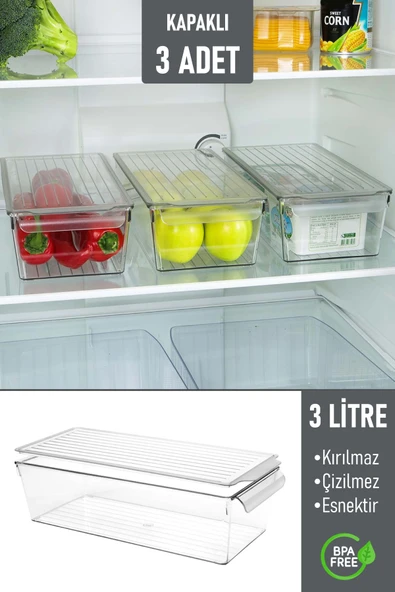 İronika Kapaklı Buzdolabı Düzenleyici Meyve Sebze Saklama Kabı Organizer 3 Litre x 3 Adet - 1