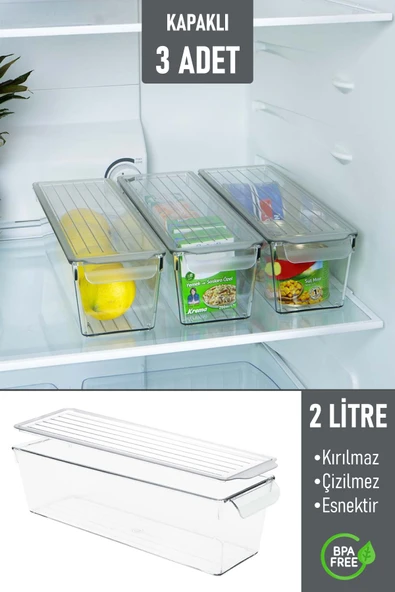 İronika Kapaklı Buzdolabı Düzenleyici Meyve Sebze Saklama Kabı Organizer 2 Litre x 3 Adet - 1