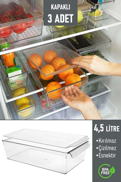 İronika Kapaklı Buzdolabı Düzenleyici Meyve Sebze Saklama Kabı Organizer 4,5 Litre x 3 Adet - 1