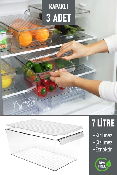 İronika Kapaklı Büyük Boy Buzdolabı Düzenleyici Meyve Sebze Saklama Kabı Organizer 7 Litre x 3 Adet - 1