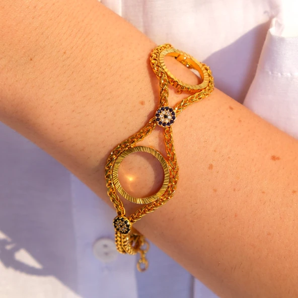 Altın Kaplama Nazar Boncuklu Çeyrek Çerçeve Bileklik BLK-1147 - Resim 2