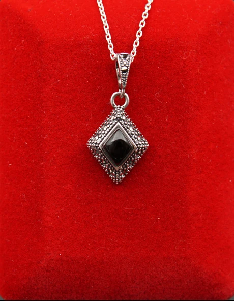 925 Ayar Kadın Oltu Taşı Kadın Kolye sk00080 - Resim 2