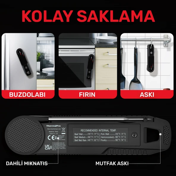 Thermopro TP622 Daldırma/Saplama Izgara/Barbekü/Mangal Et Gıda ölçme Pişirme Termometresi - Resim 8