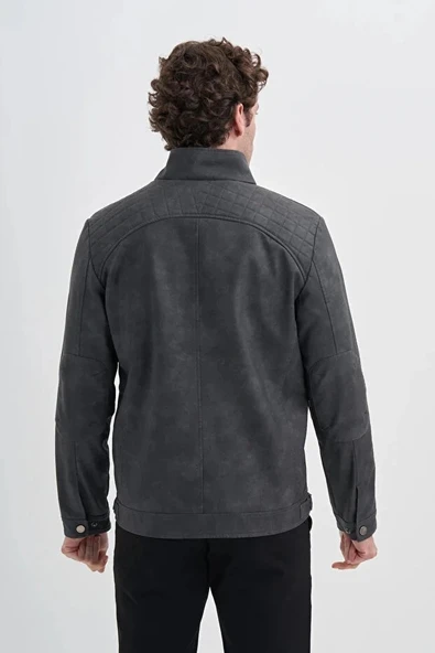 Cazador Slim Fit Vintage PU Deri Karışımlı Mont-10620 Gri - Resim 2