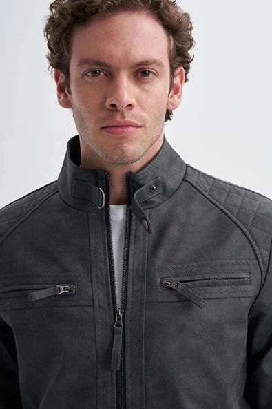 Cazador Slim Fit Vintage PU Deri Karışımlı Mont-10620 Gri - Resim 4