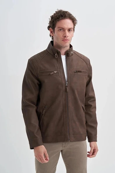 Cazador Slim Fit Vintage PU Deri Karışımlı Mont-10620 S. Kahve - 3