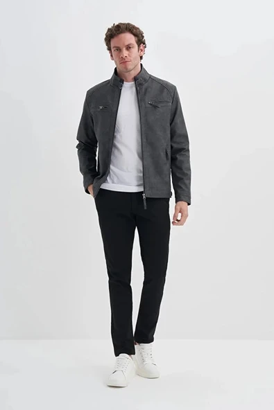 Cazador Slim Fit Vintage PU Deri Karışımlı Mont-10620 Gri ürün görseli